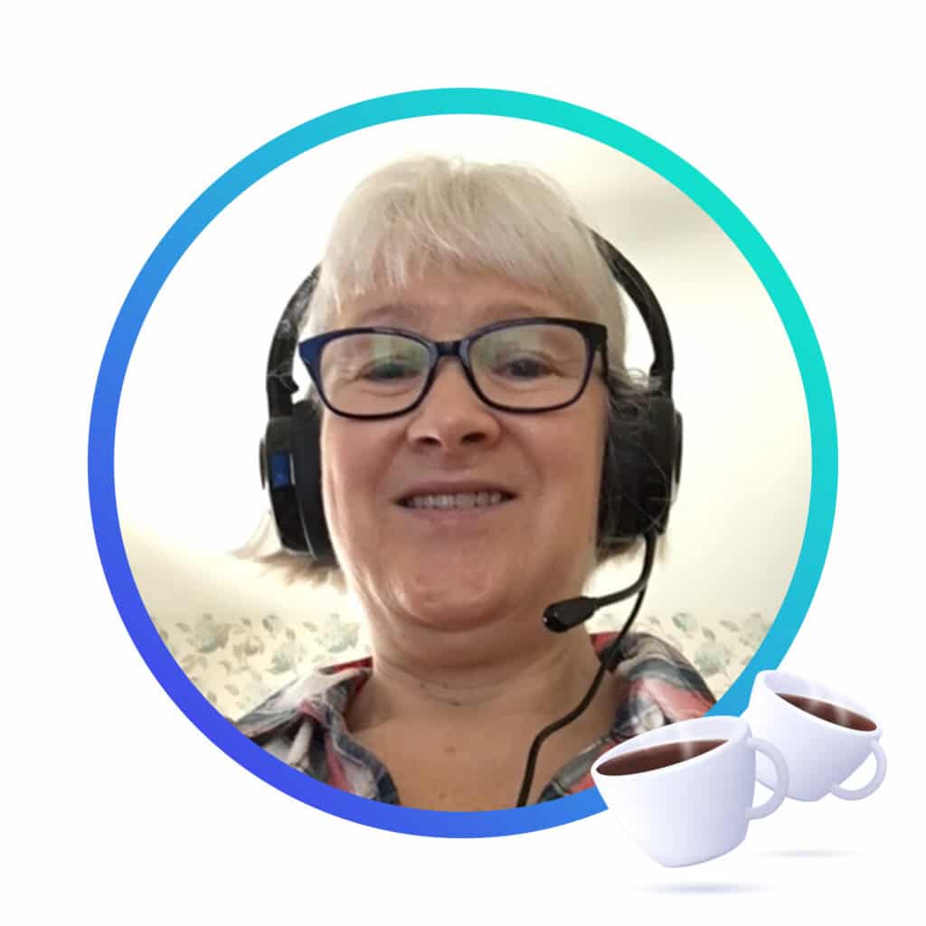 Slightly smiling woman wearing headset and an image of coffee mugs in the lower right.