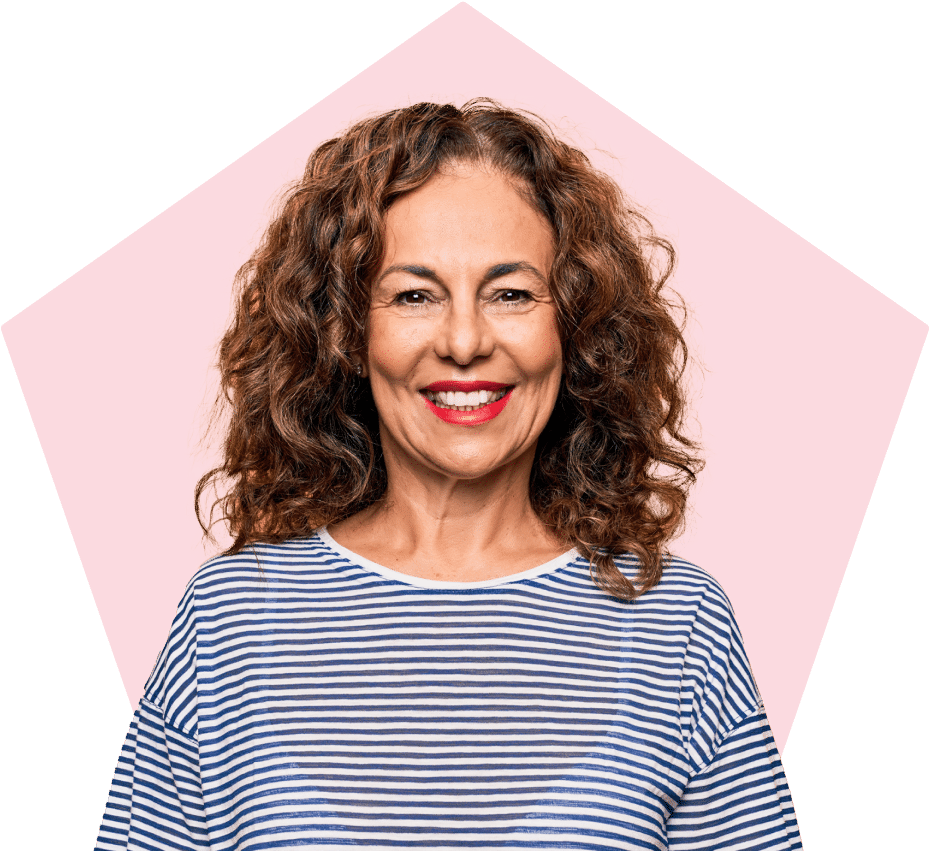 Smiling woman wearing a striped shirt.