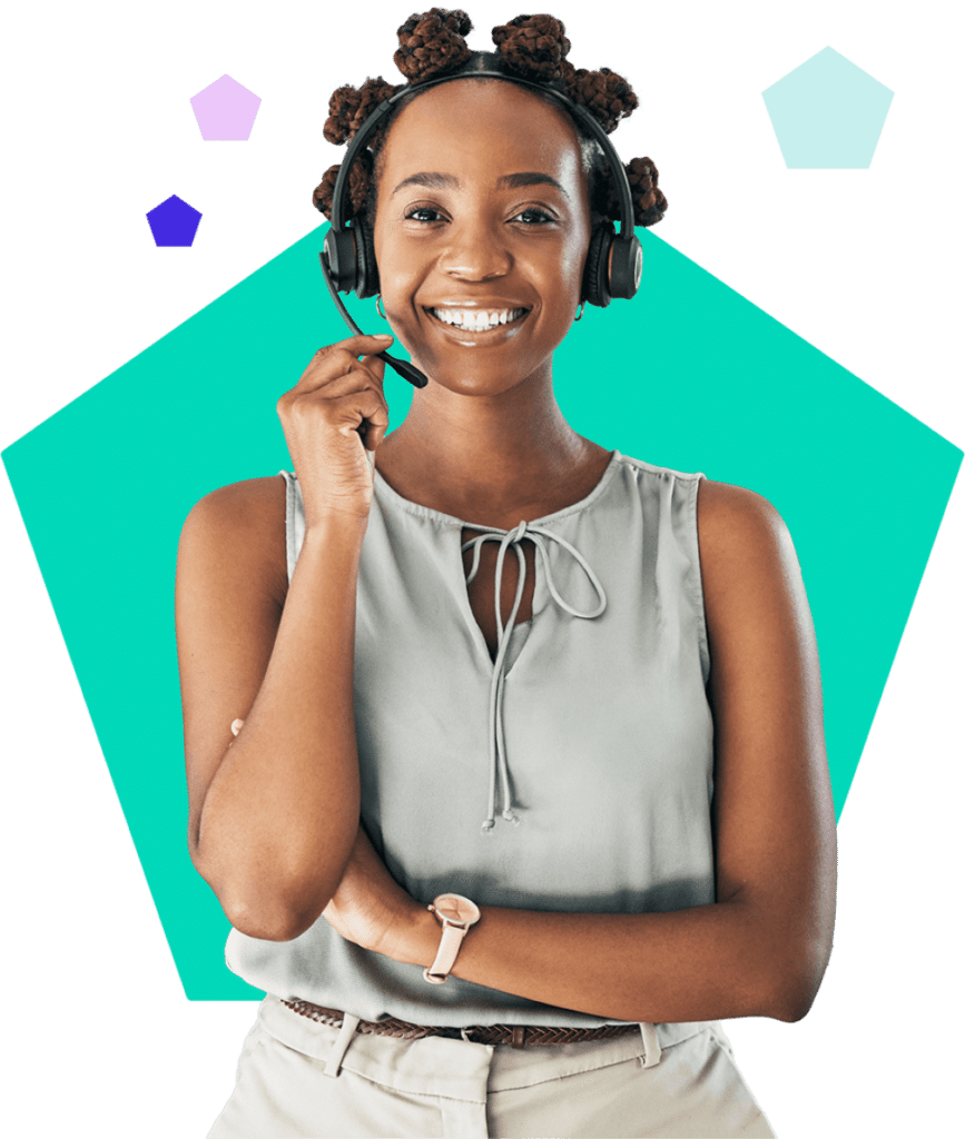 Smiling woman wearing headset.