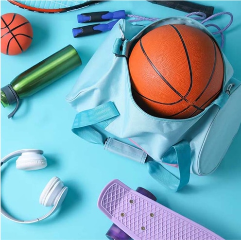 Assorted sporting equipment and water bottle.