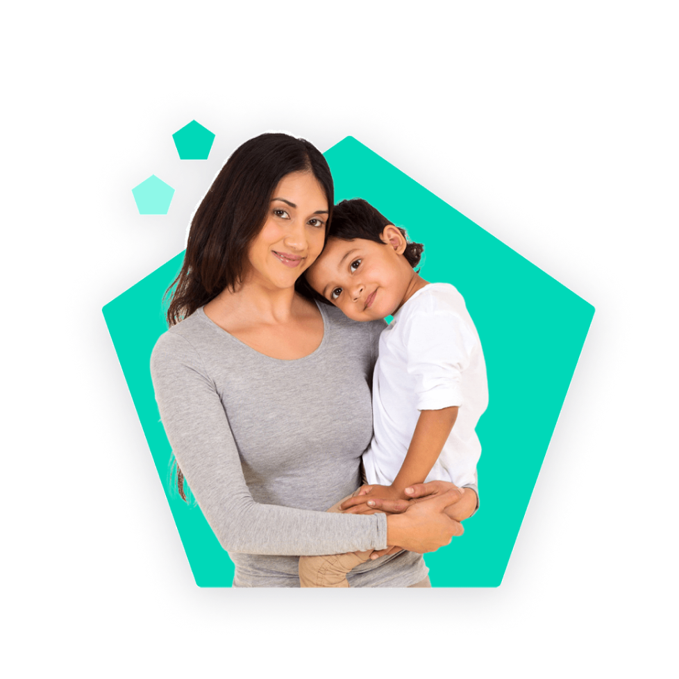 Woman holding a child inside Arise logo shape.