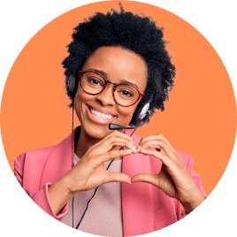 Smiling woman wearing headset and glasses.