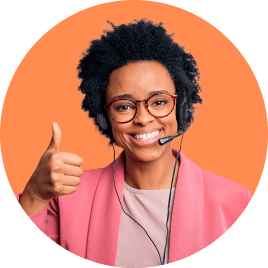 Smiling woman wearing headset and glasses.