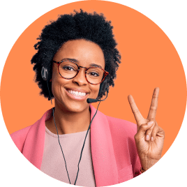 Smiling woman wearing headset and glasses.