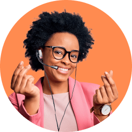 Smiling woman wearing headset and glasses.