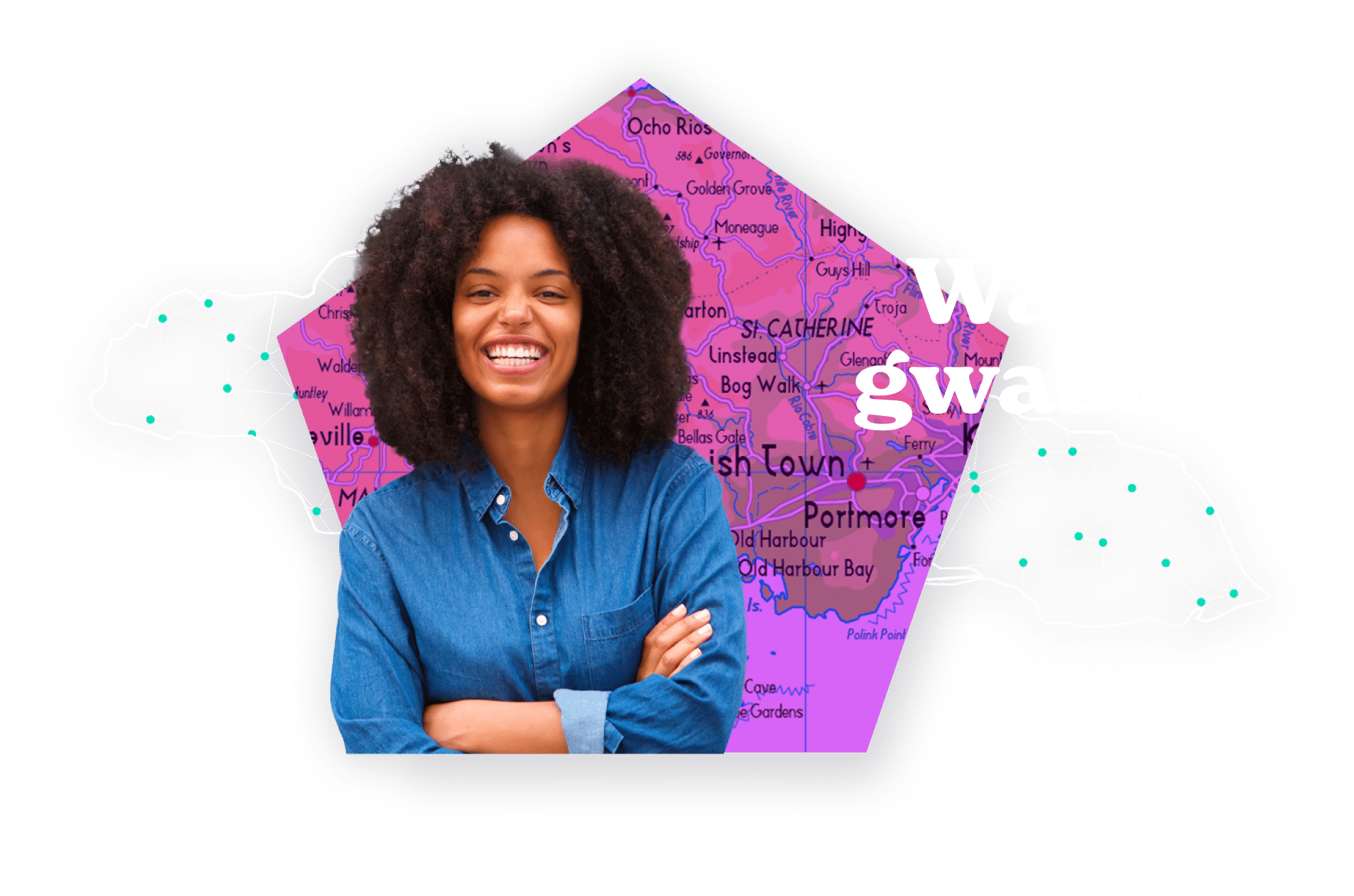 Smiling woman wearing a denim shirt standing in front of a map of Jamaica.