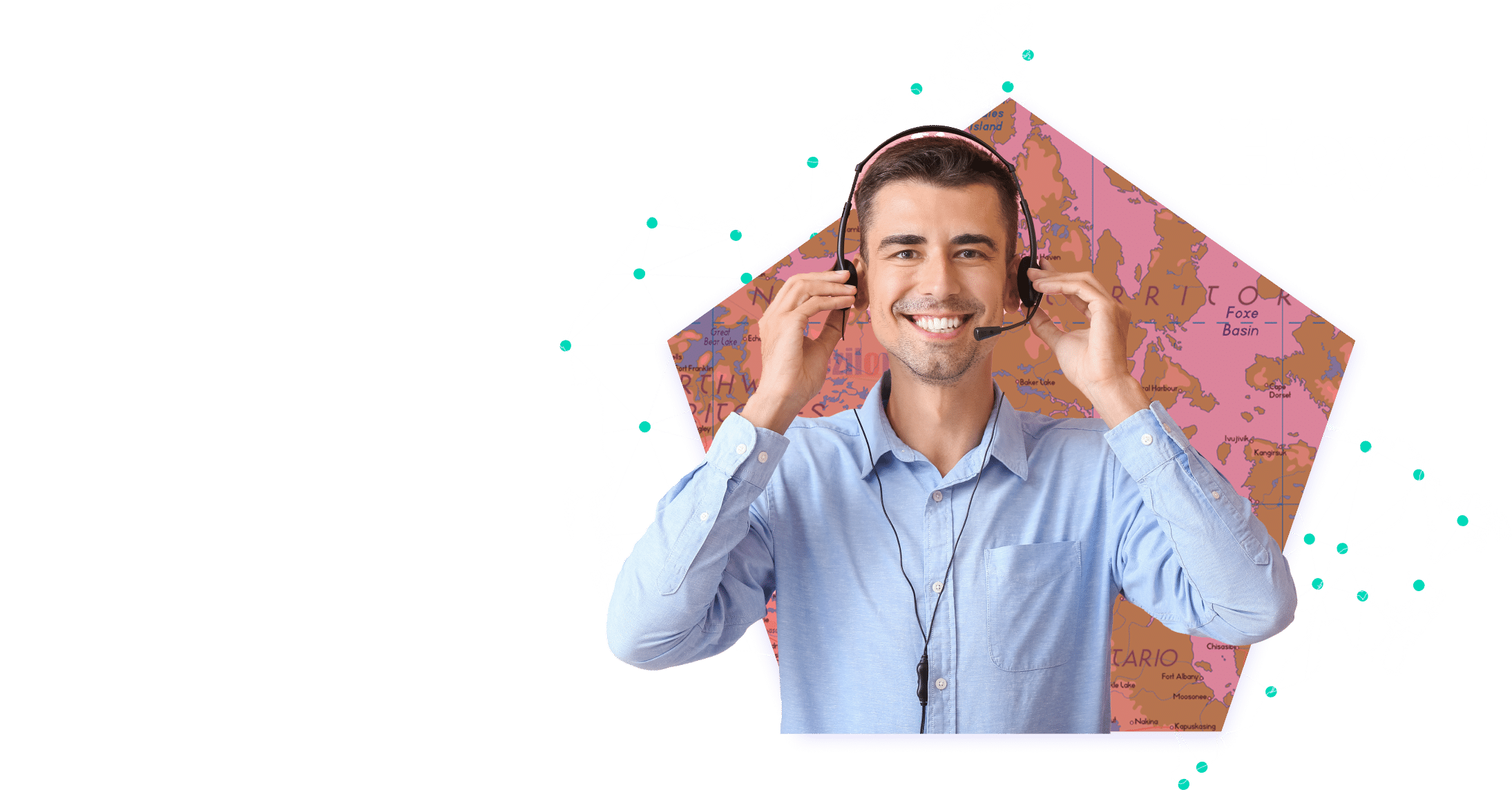 Smiling man wearing headset standing in front of a map of Canada.