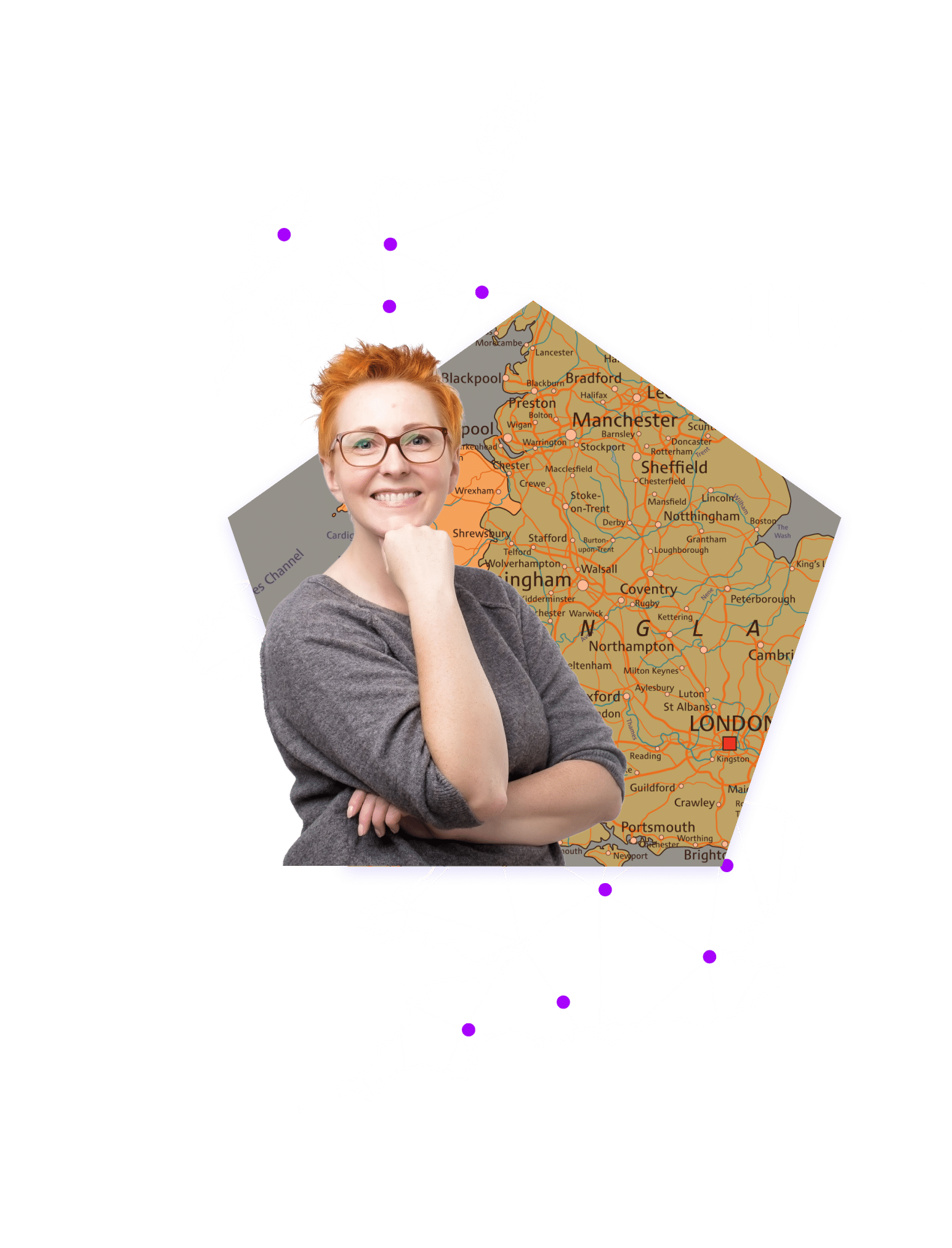 Smiling woman wearing glasses in front of map of the UK.