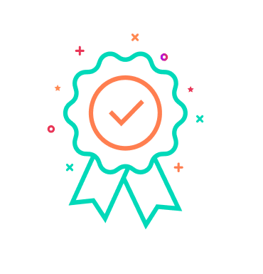 A check mark in a circle, inside a prize ribbon.