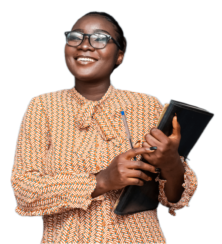 Smiling woman wearing glasses holding a laptop.