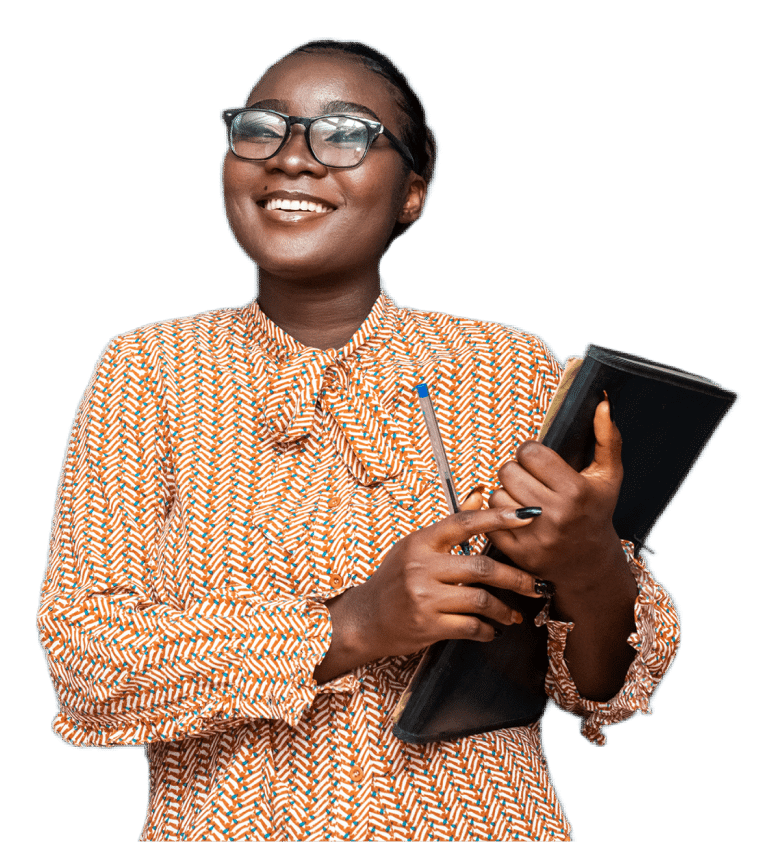 Smiling woman wearing glasses holding a laptop.