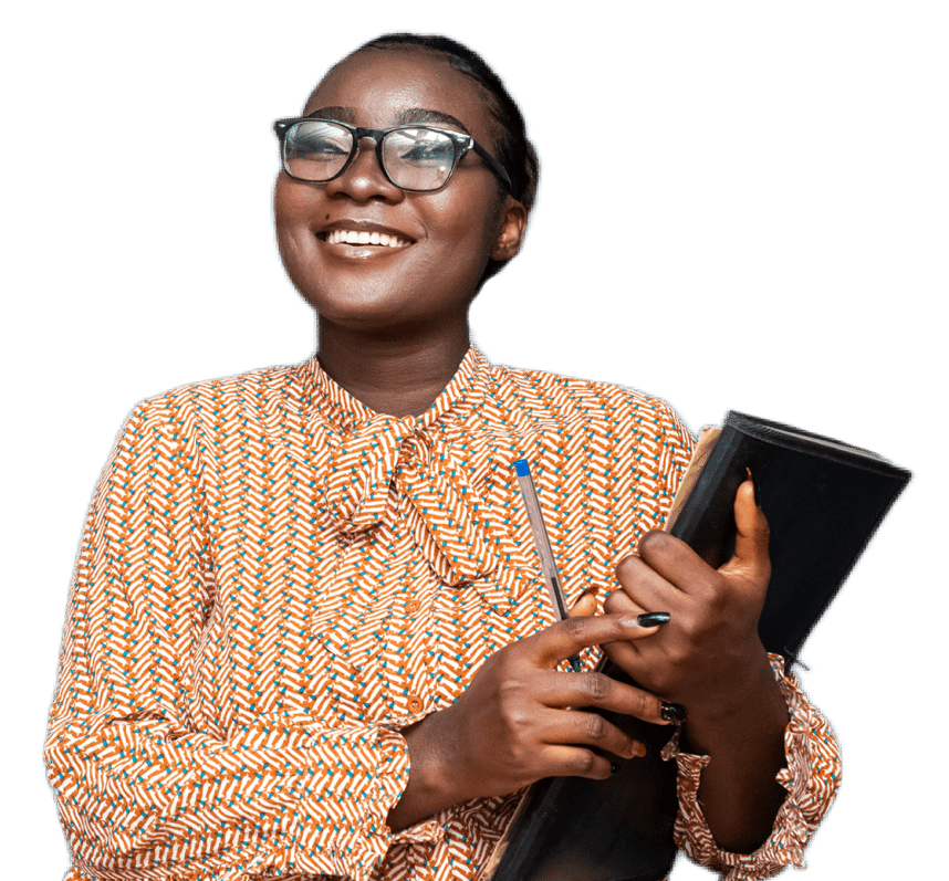 Smiling woman wearing glasses holding a notebook.