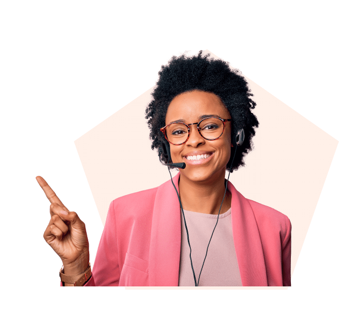 Smiling woman wearing headset and glasses.