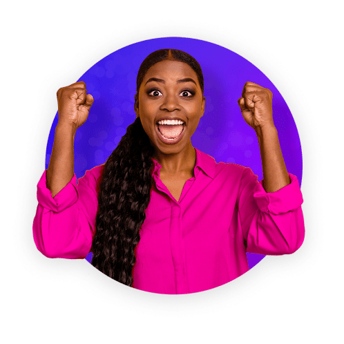 Excited woman cheering and holding her hands up.
