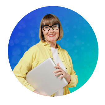 Smiling woman wearing glasses holding a laptop.