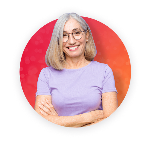 Smiling woman wearing glasses.