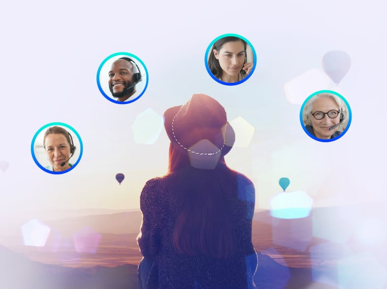 A woman wearing a hat is looking at mountains with service partners in circles over her head.