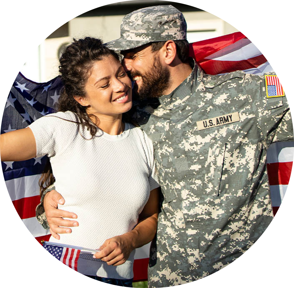 Military couple standing in front of the American flag.